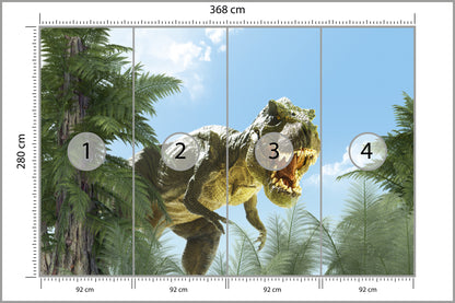 Fototapeta Wielki Dinozaur T-Rex I Palmy 368 × 280 cm – podgląd kadru