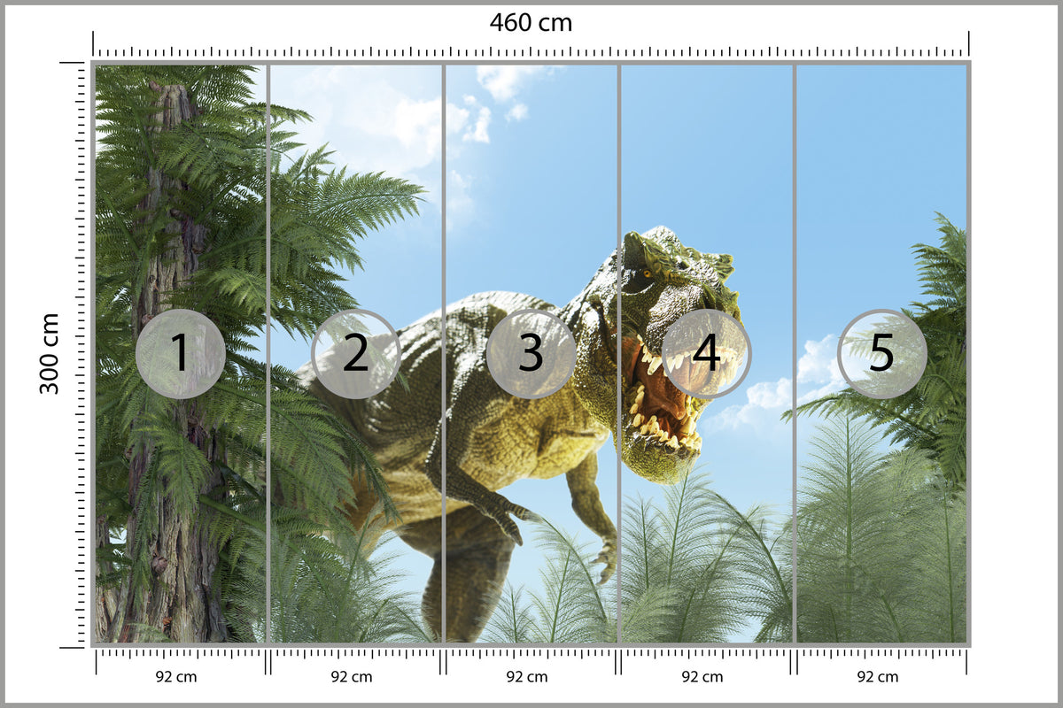 Fototapeta Wielki Dinozaur T-Rex I Palmy 460 × 300 cm – podgląd kadru