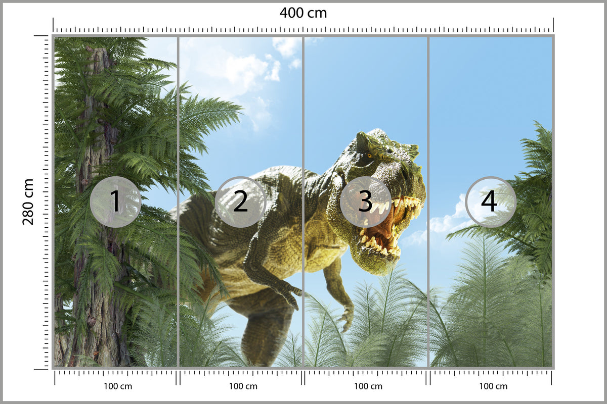 Fototapeta Wielki Dinozaur T-Rex I Palmy 400 × 280 cm – podgląd kadru