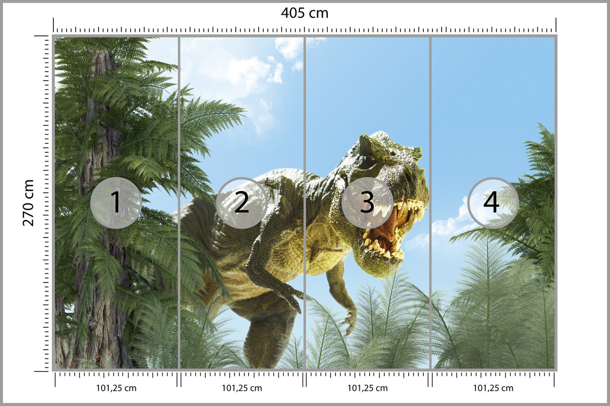 Fototapeta Wielki Dinozaur T-Rex I Palmy 405 × 270 cm – podgląd kadru