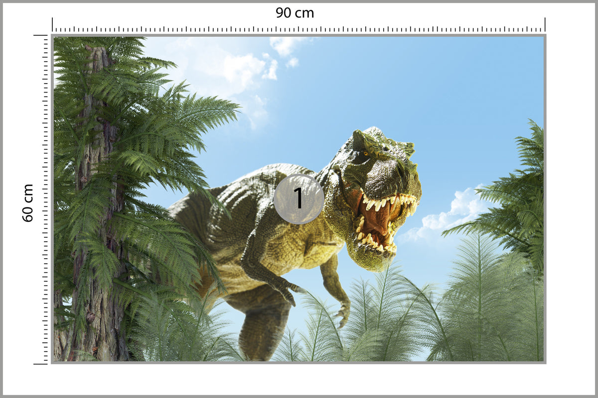 Fototapeta Wielki Dinozaur T-Rex I Palmy 90 × 60 cm – podgląd kadru