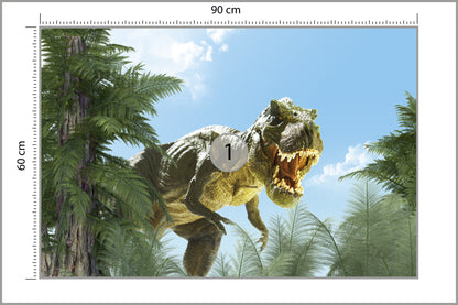 Fototapeta Wielki Dinozaur T-Rex I Palmy 90 × 60 cm – podgląd kadru
