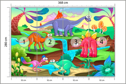 Fototapeta Kolorowe Bajkowe Dinozaury 368 × 280 cm – podgląd kadru