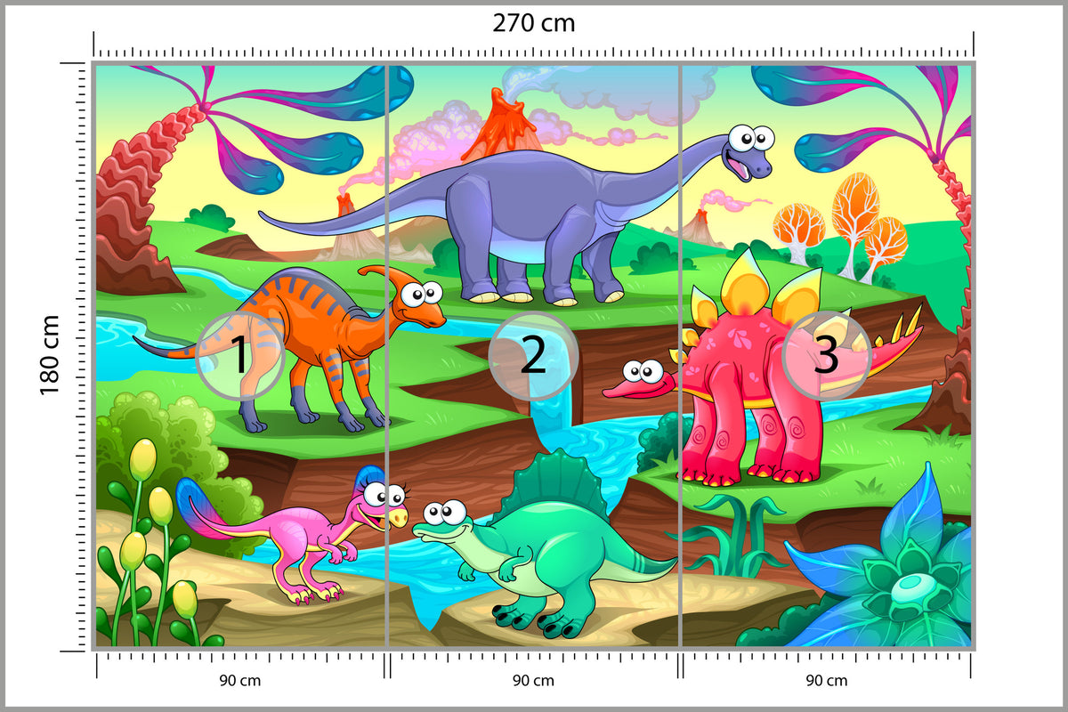 Fototapeta Kolorowe Bajkowe Dinozaury 270 × 180 cm – podgląd kadru