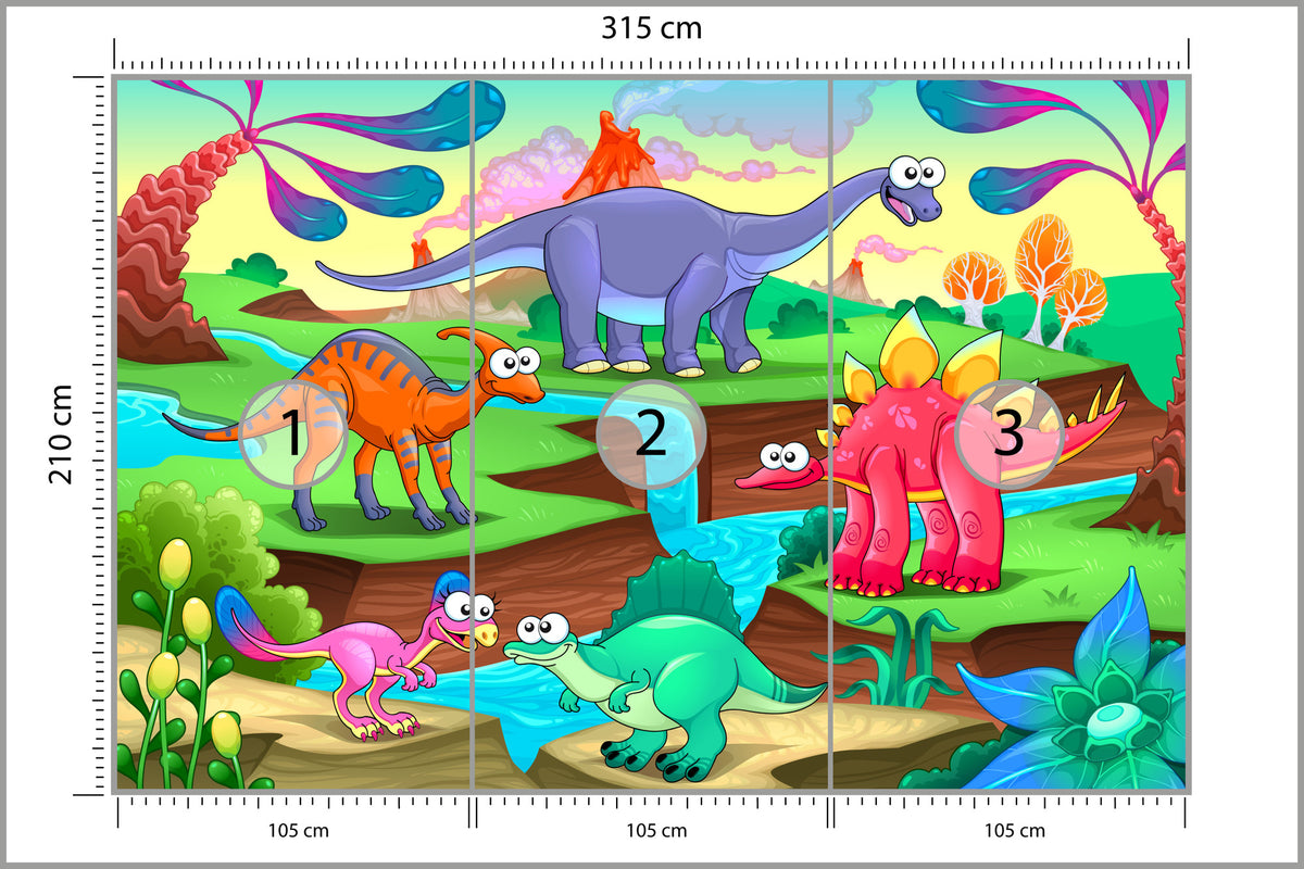 Fototapeta Kolorowe Bajkowe Dinozaury 315 × 210 cm – podgląd kadru