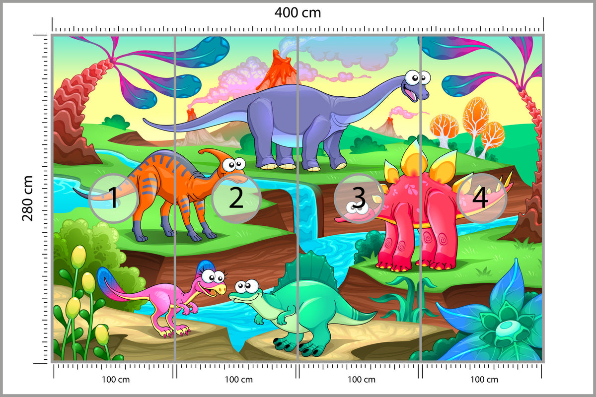 Fototapeta Kolorowe Bajkowe Dinozaury 400 × 280 cm – podgląd kadru