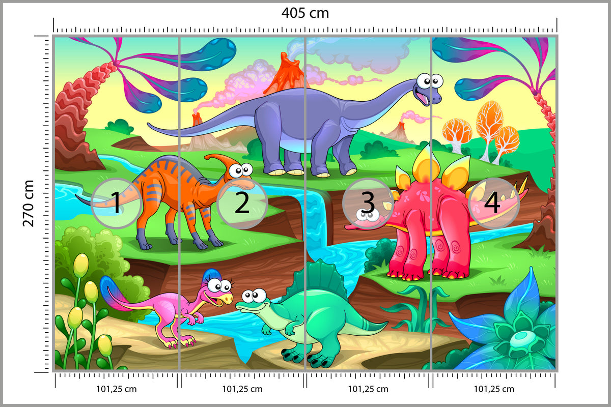 Fototapeta Kolorowe Bajkowe Dinozaury 405 × 270 cm – podgląd kadru