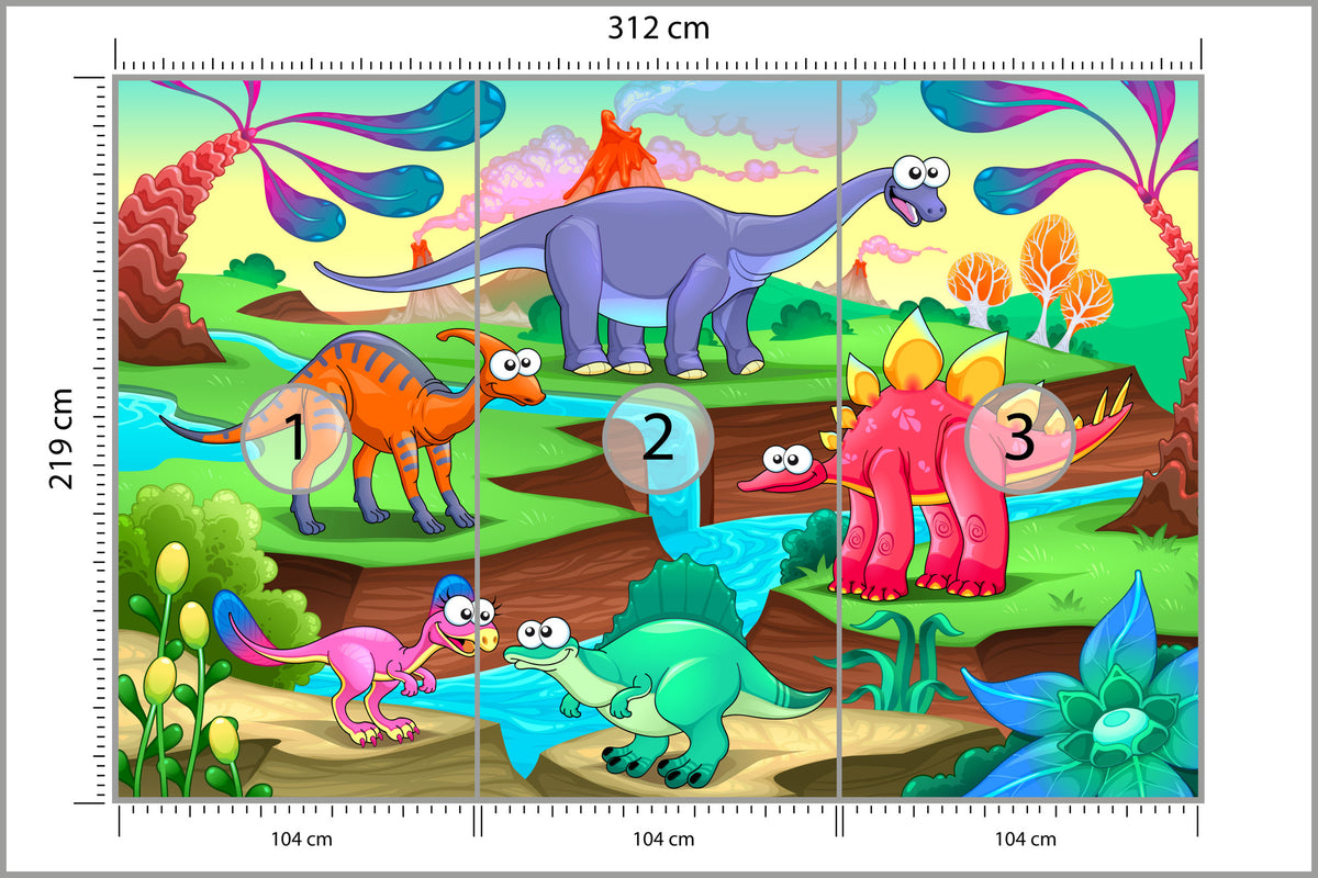 Fototapeta Kolorowe Bajkowe Dinozaury 312 × 219 cm – podgląd kadru