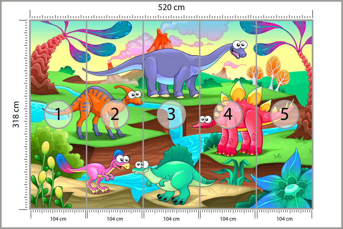 Fototapeta Kolorowe Bajkowe Dinozaury 520 × 318 cm – podgląd kadru