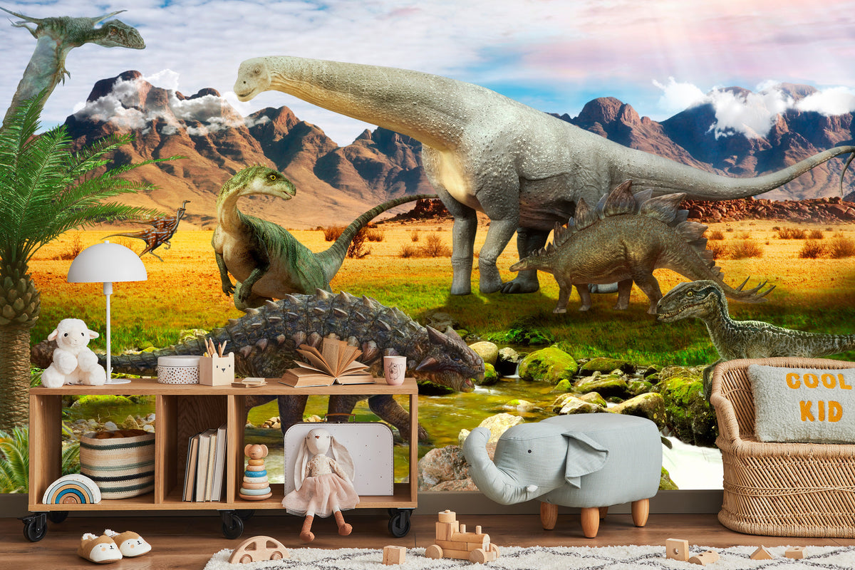 Fototapeta Realistyczne Dinozaury Nad Rzeką – aranżacja wnętrza