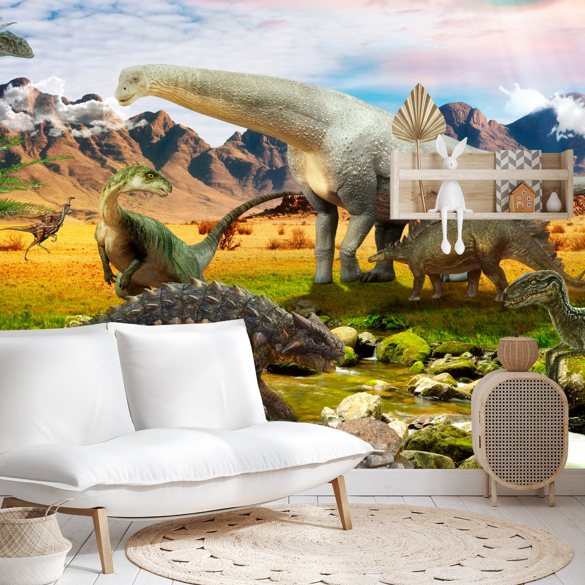 Fototapeta Realistyczne Dinozaury Nad Rzeką – aranżacja wnętrza