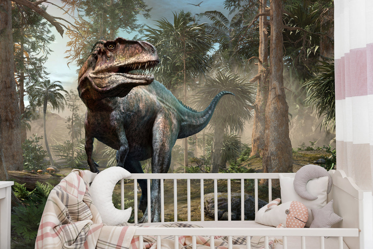 Fototapeta Realistyczny Dinozaur I Palmy – aranżacja wnętrza