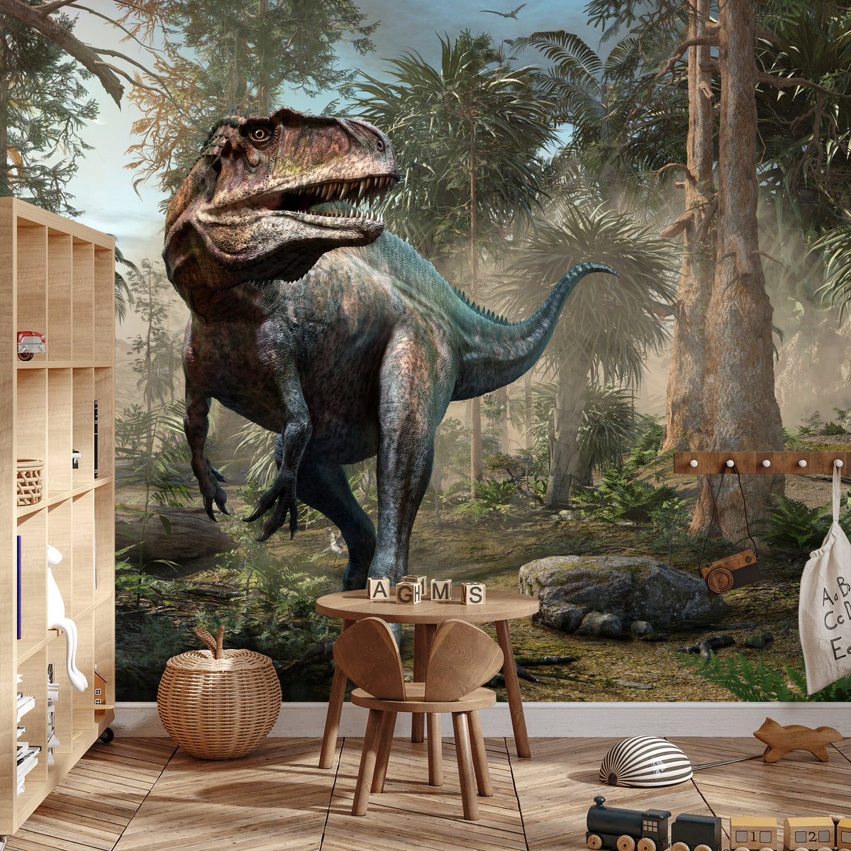 Fototapeta Realistyczny Dinozaur I Palmy – aranżacja wnętrza