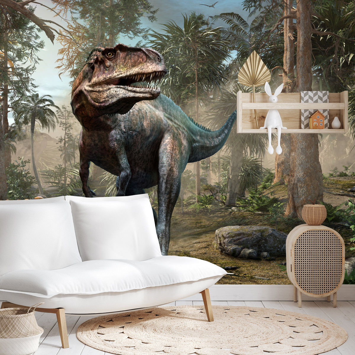 Fototapeta Realistyczny Dinozaur I Palmy – aranżacja wnętrza