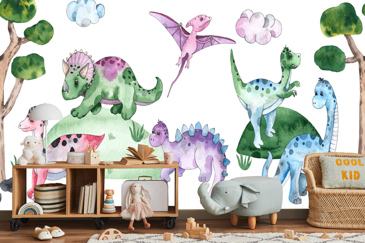 Fototapeta Pastelowe Dinozaury Na Polanie – aranżacja wnętrza