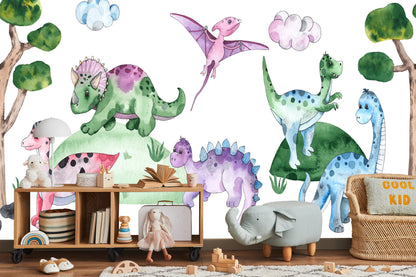 Fototapeta Pastelowe Dinozaury Na Polanie – aranżacja wnętrza