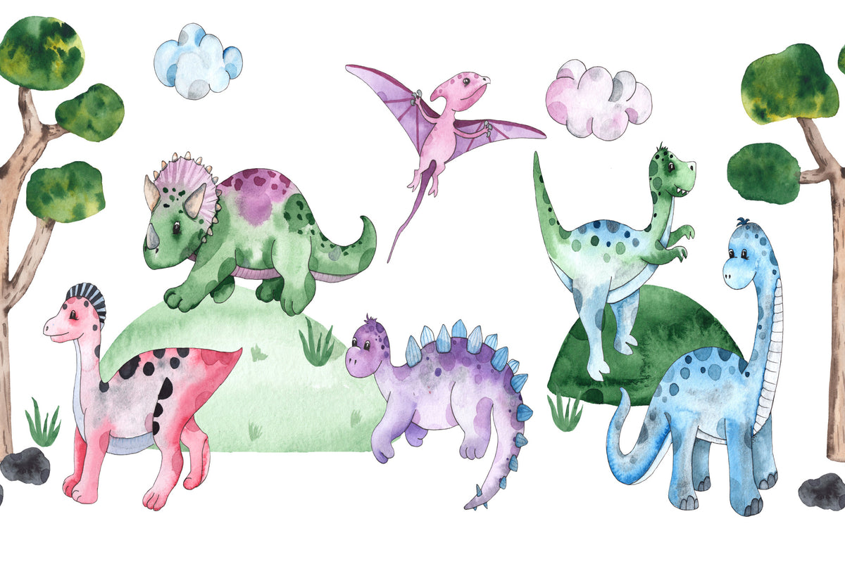 Fototapeta Pastelowe Dinozaury Na Polanie – wzór
