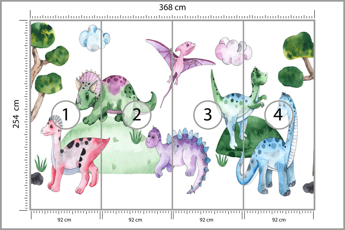 Fototapeta Pastelowe Dinozaury Na Polanie 368 × 254 cm – podgląd kadru