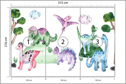 Fototapeta Pastelowe Dinozaury Na Polanie 315 × 210 cm – podgląd kadru