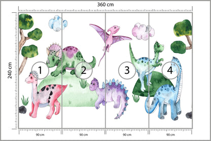 Fototapeta Pastelowe Dinozaury Na Polanie 360 × 240 cm – podgląd kadru