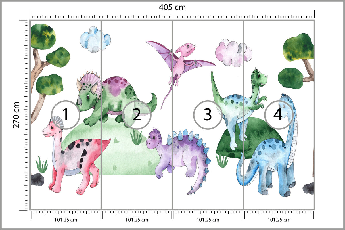 Fototapeta Pastelowe Dinozaury Na Polanie 405 × 270 cm – podgląd kadru