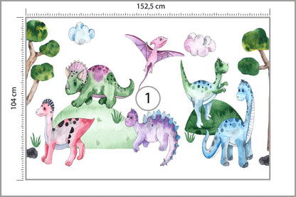Fototapeta Pastelowe Dinozaury Na Polanie 152,5 × 104 cm – podgląd kadru