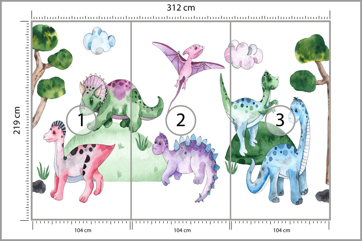 Fototapeta Pastelowe Dinozaury Na Polanie 312 × 219 cm – podgląd kadru