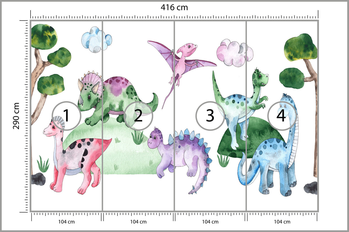 Fototapeta Pastelowe Dinozaury Na Polanie 416 × 290 cm – podgląd kadru