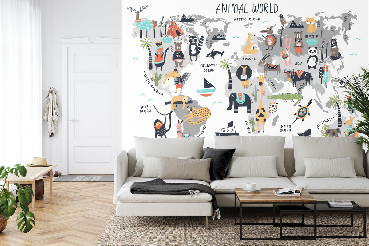 Fototapeta Mapa Dla Dzieci Ze Zwierzętami – aranżacja wnętrza