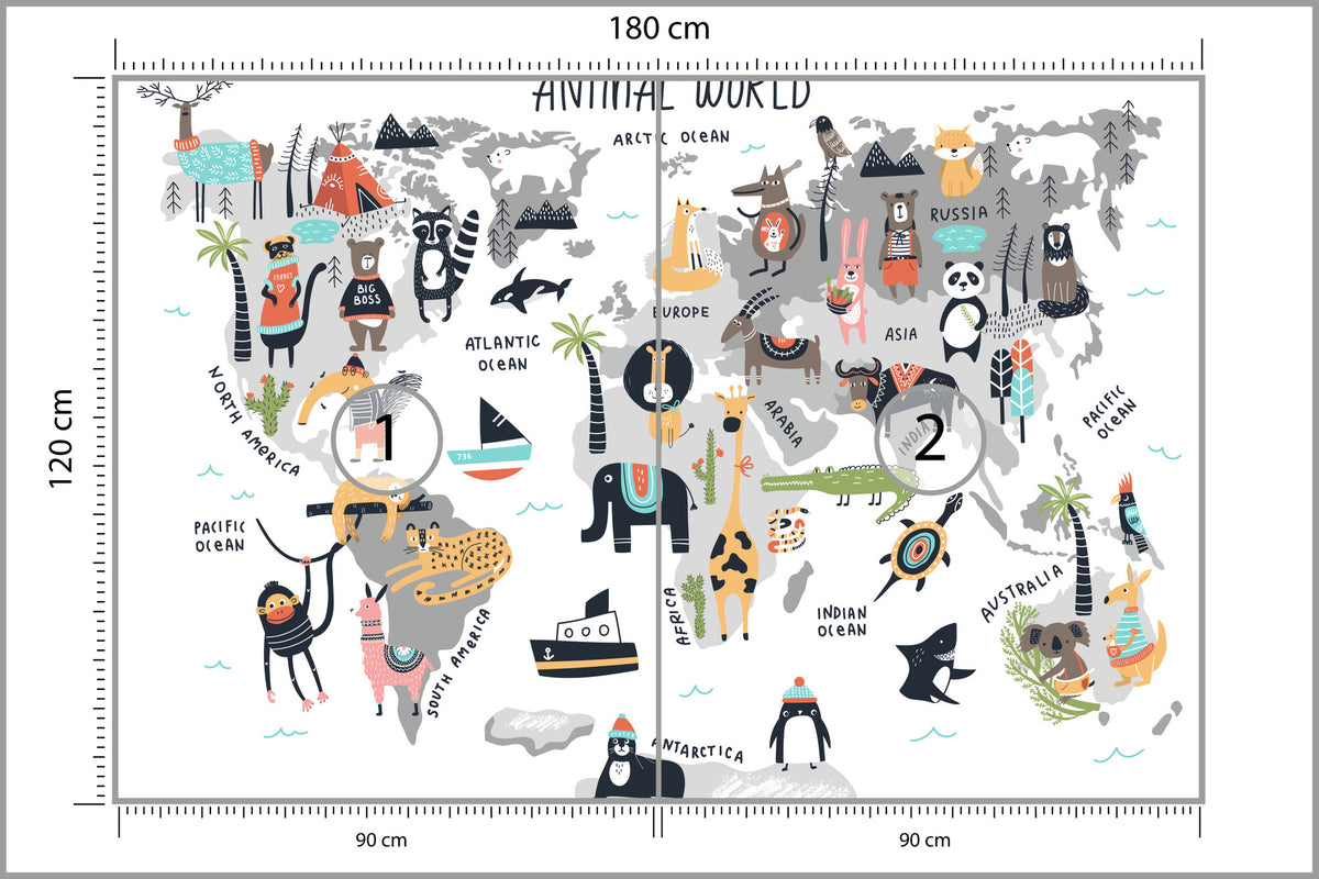Fototapeta Mapa Dla Dzieci Ze Zwierzętami 180 × 120 cm – podgląd kadru