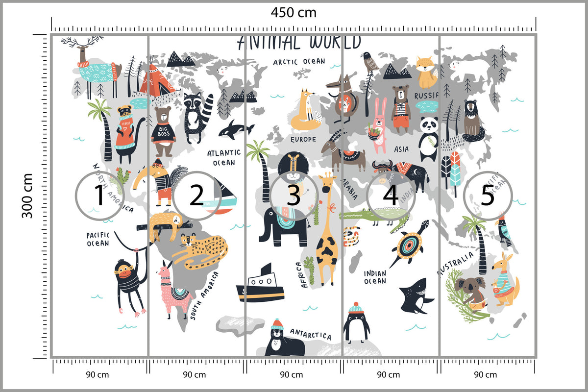 Fototapeta Mapa Dla Dzieci Ze Zwierzętami 450 × 300 cm – podgląd kadru