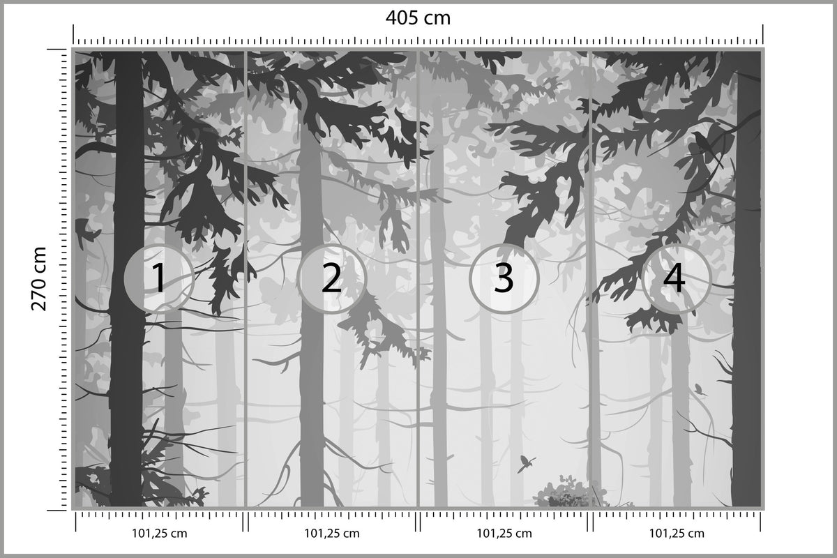 Fototapeta Las Drzewa Czarno-Biały 405 × 270 cm – podgląd kadru