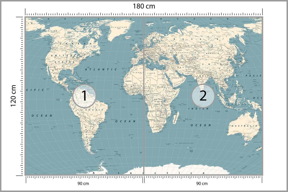 Fototapeta Mapa Świata Na Morskim Tle 180 × 120 cm – podgląd kadru