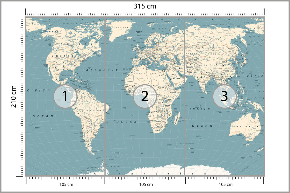 Fototapeta Mapa Świata Na Morskim Tle 315 × 210 cm – podgląd kadru