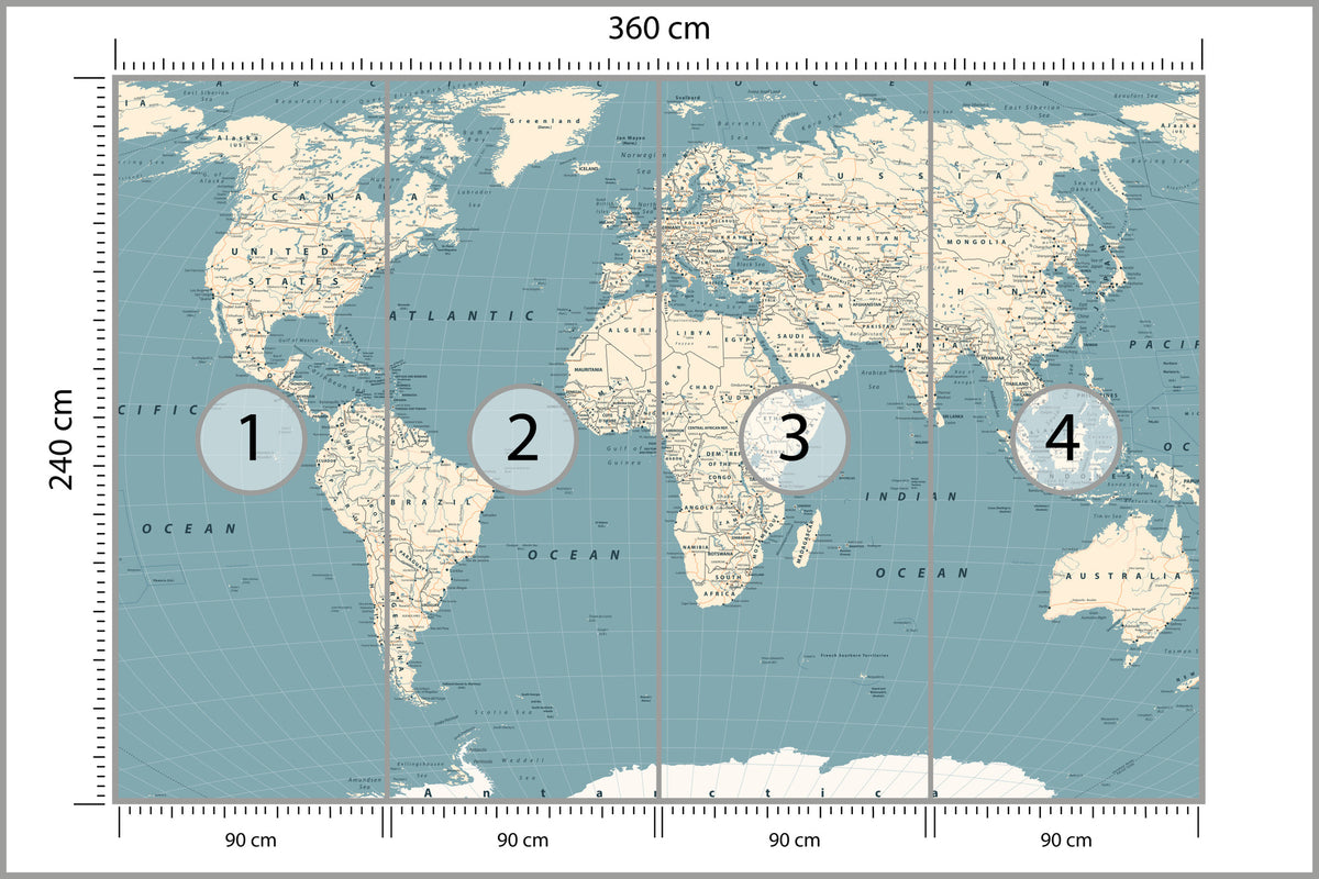 Fototapeta Mapa Świata Na Morskim Tle 360 × 240 cm – podgląd kadru