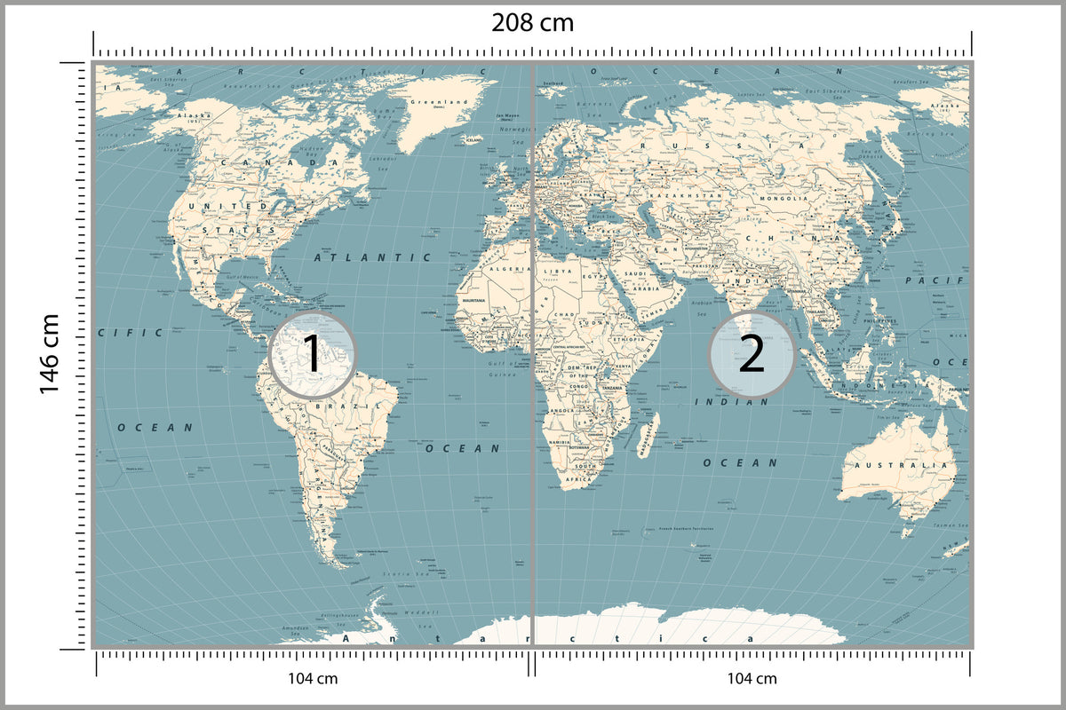 Fototapeta Mapa Świata Na Morskim Tle 208 × 146 cm – podgląd kadru
