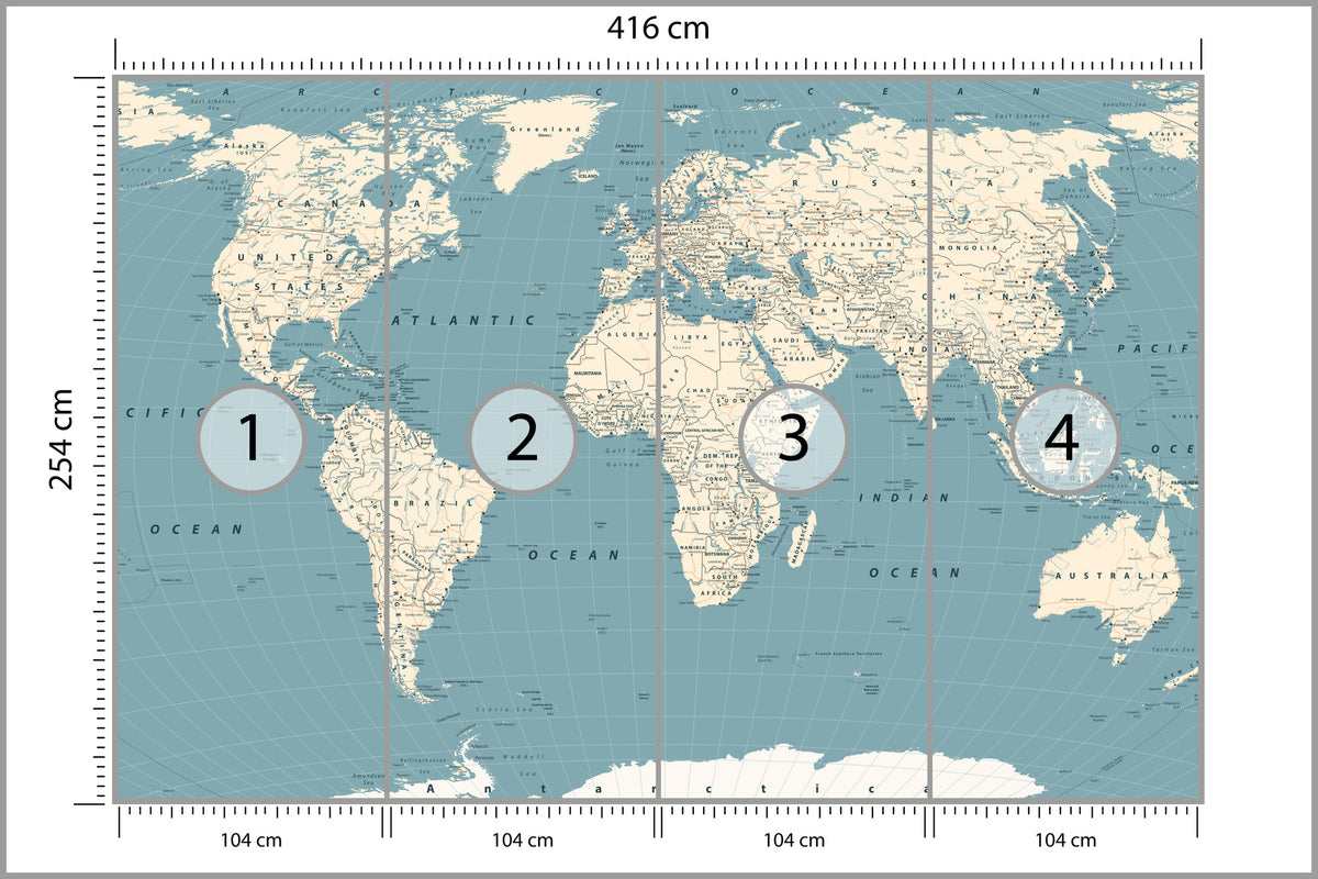 Fototapeta Mapa Świata Na Morskim Tle 416 × 254 cm – podgląd kadru