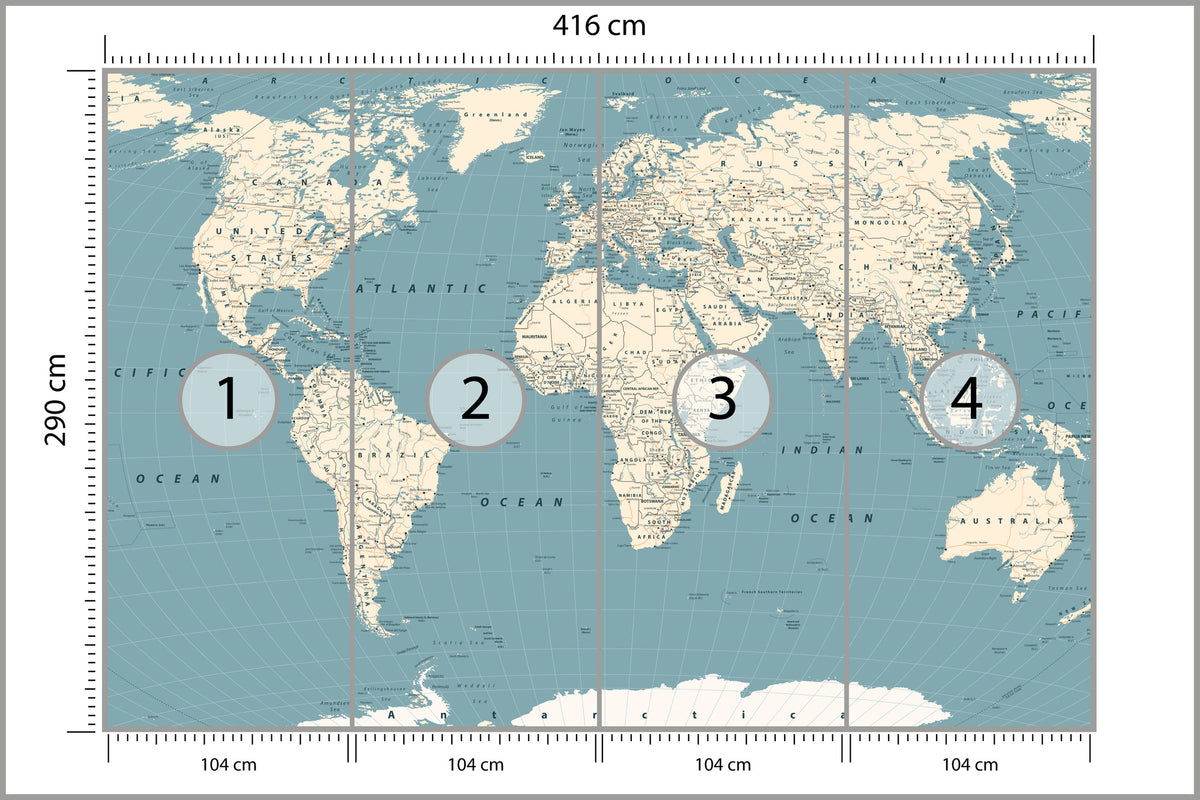 Fototapeta Mapa Świata Na Morskim Tle 416 × 290 cm – podgląd kadru