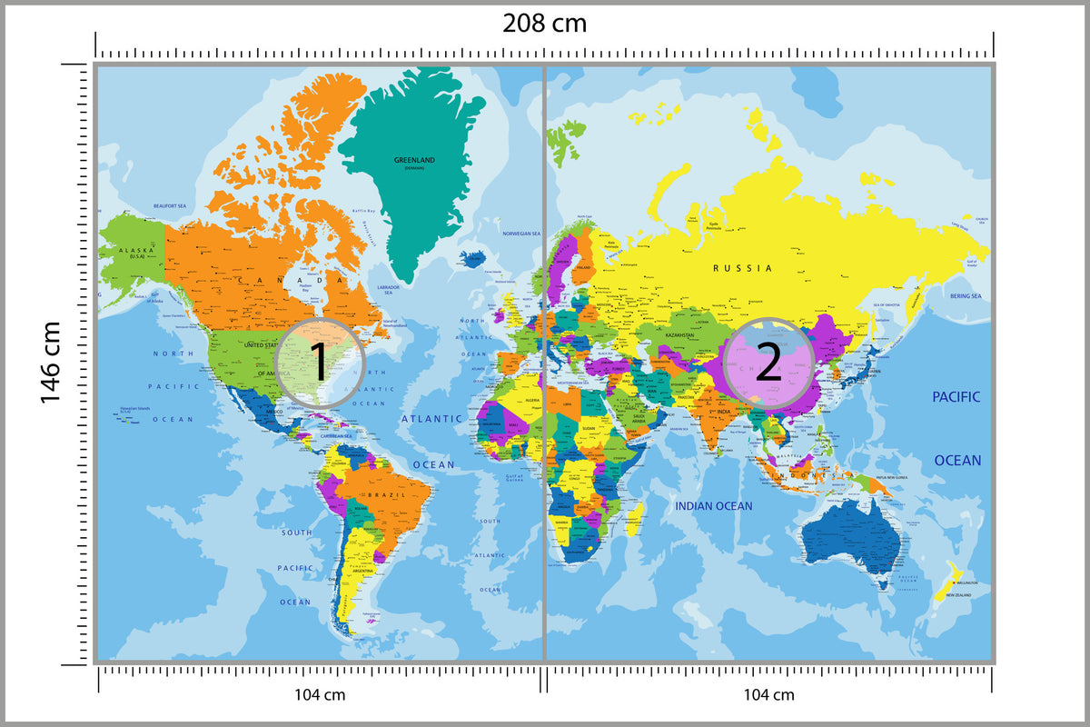 Fototapeta Mapa Świata Polityczna Kolorowa 208 × 146 cm – podgląd kadru
