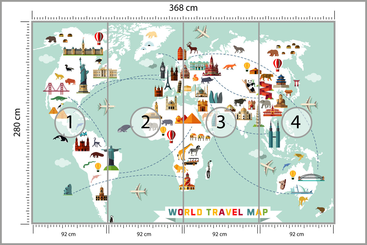 Fototapeta Mapa Dla Dzieci Podróżnicza 368 × 280 cm – podgląd kadru