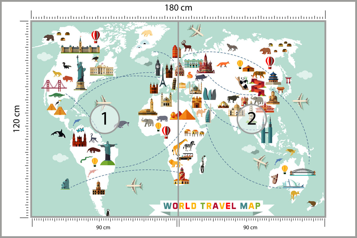 Fototapeta Mapa Dla Dzieci Podróżnicza 180 × 120 cm – podgląd kadru