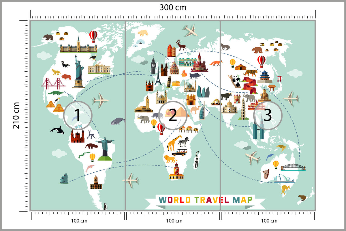 Fototapeta Mapa Dla Dzieci Podróżnicza 300 × 210 cm – podgląd kadru