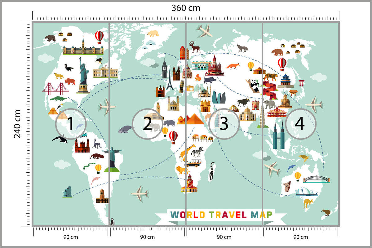 Fototapeta Mapa Dla Dzieci Podróżnicza 360 × 240 cm – podgląd kadru
