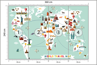 Fototapeta Mapa Dla Dzieci Podróżnicza 360 × 240 cm – podgląd kadru