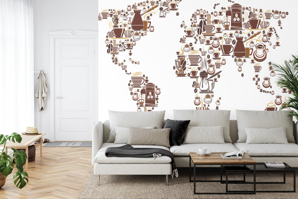 Fototapeta Kawowa Mapa Świata – aranżacja wnętrza