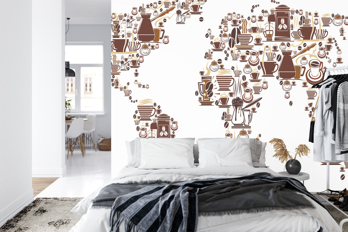 Fototapeta Kawowa Mapa Świata – aranżacja wnętrza