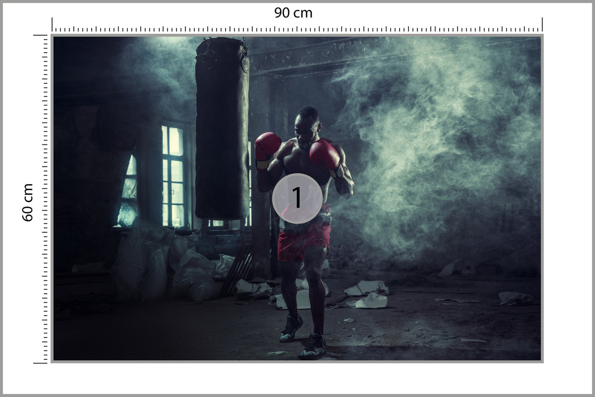 Fototapeta Bokser W Zadymionym Pomieszczeniu 90 × 60 cm – podgląd kadru