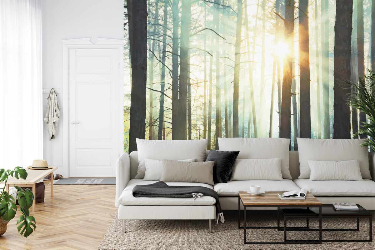 Fototapeta Las We Mgle Sosny Pod Słońce – aranżacja wnętrza