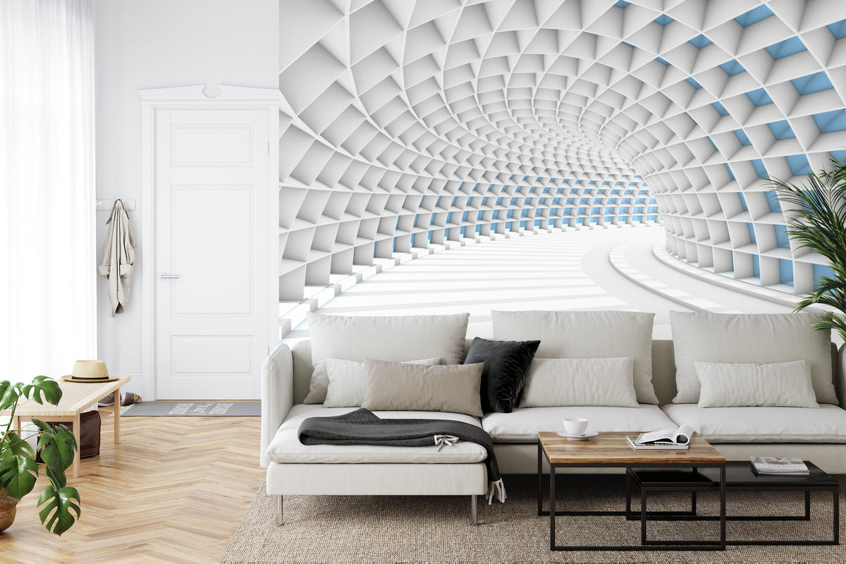 Fototapeta 3D Tunel Biały Z Niebieskim Światłem – aranżacja wnętrza