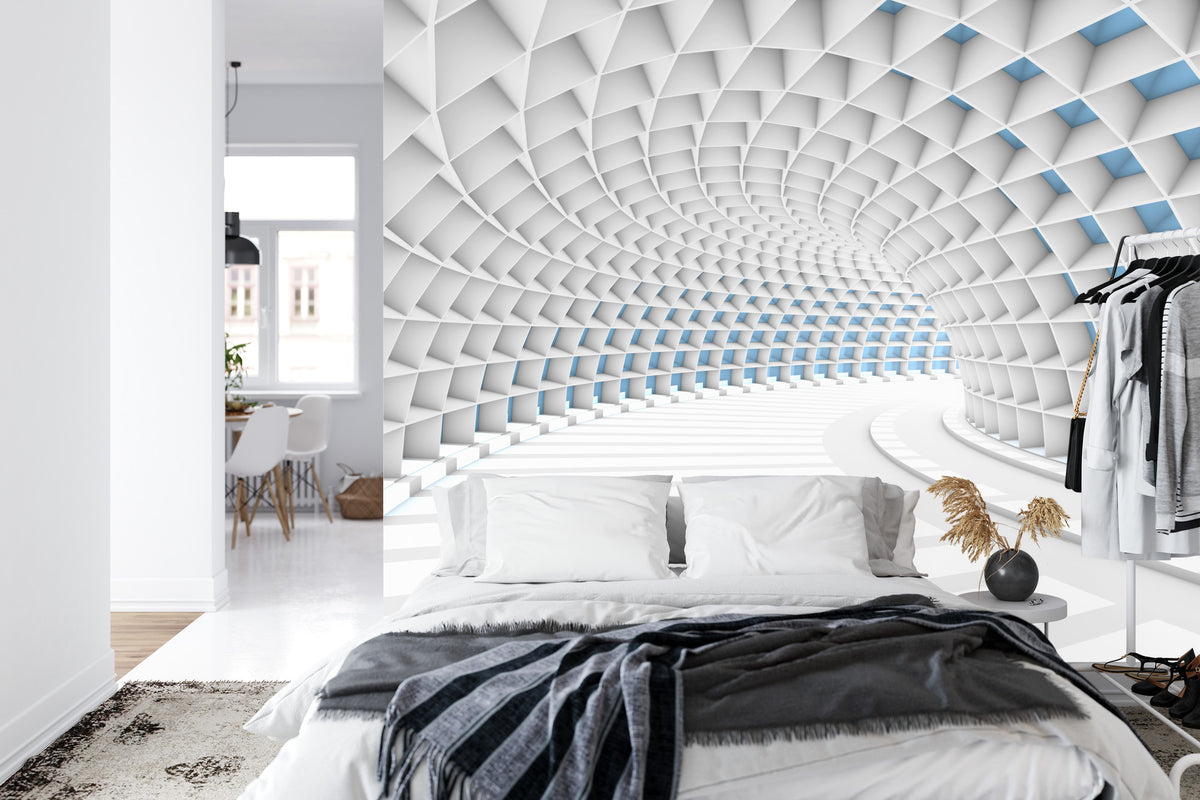 Fototapeta 3D Tunel Biały Z Niebieskim Światłem – aranżacja wnętrza